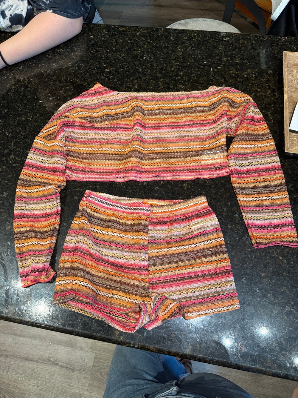 Striped Crochet Two-Piece Set in Pink, Orange & Brown XS
